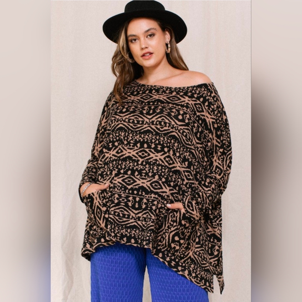 NEW!!! Oddi Elegant Black and Tan Patterned Poncho With Pockets, 1X/2X And 2X/3X